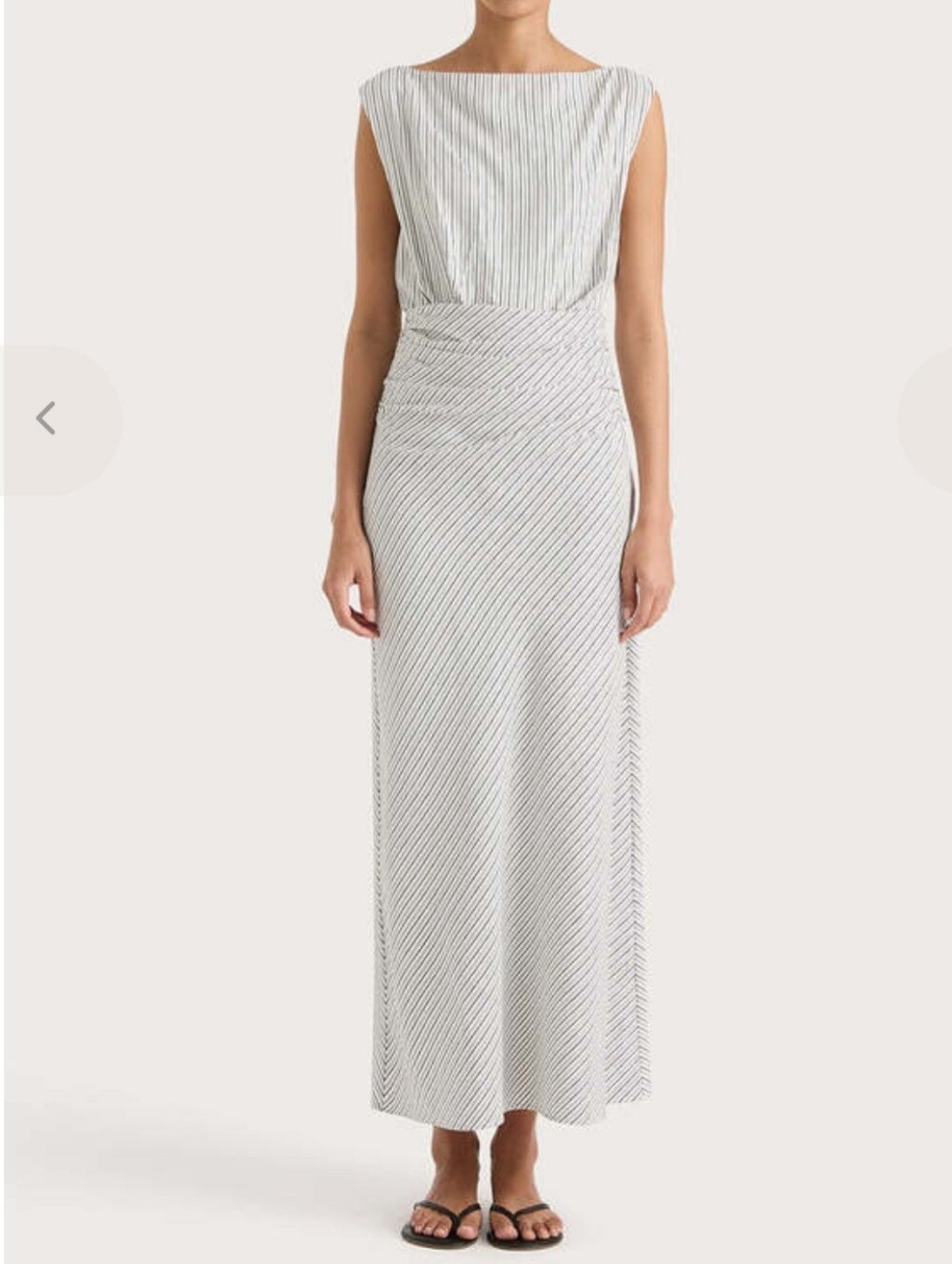 Faithfull The Brand Margaux White and Navy Striped Sleeveless Draped Midi Dress